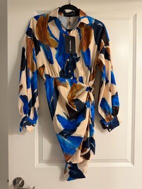 PrettyLittleThing Blue, Cream & Brown Abstract Wrap Dress